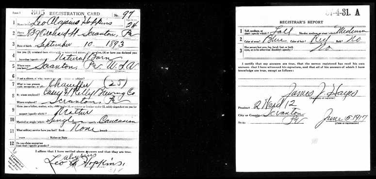 1917 U.S., World War I Draft Registration Cards, 1917-1918 for Leo Aloysius Hopkins